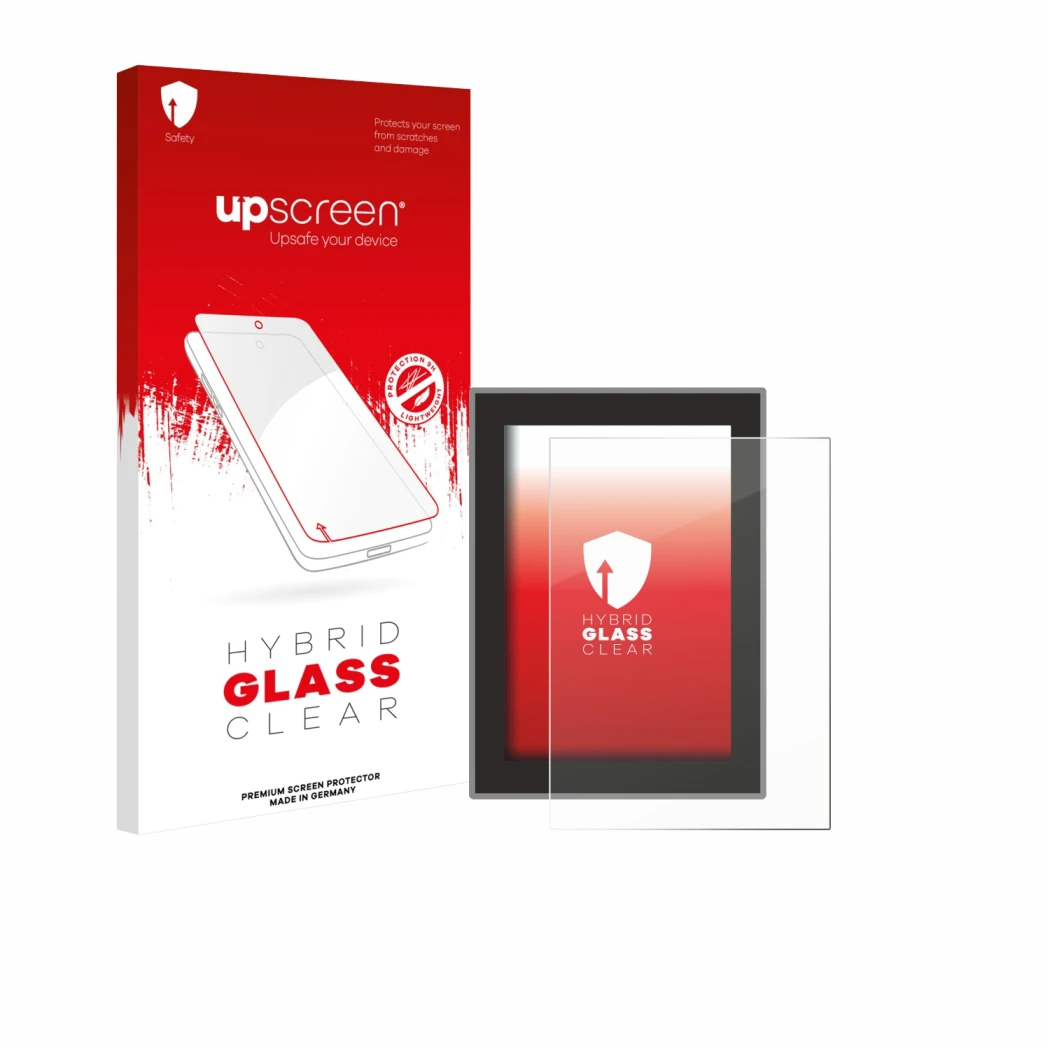 Parte frontale di una confezione del prodotto con il logo del marchio upscreen. Accanto è raffigurato il dispositivo Volvo XC9