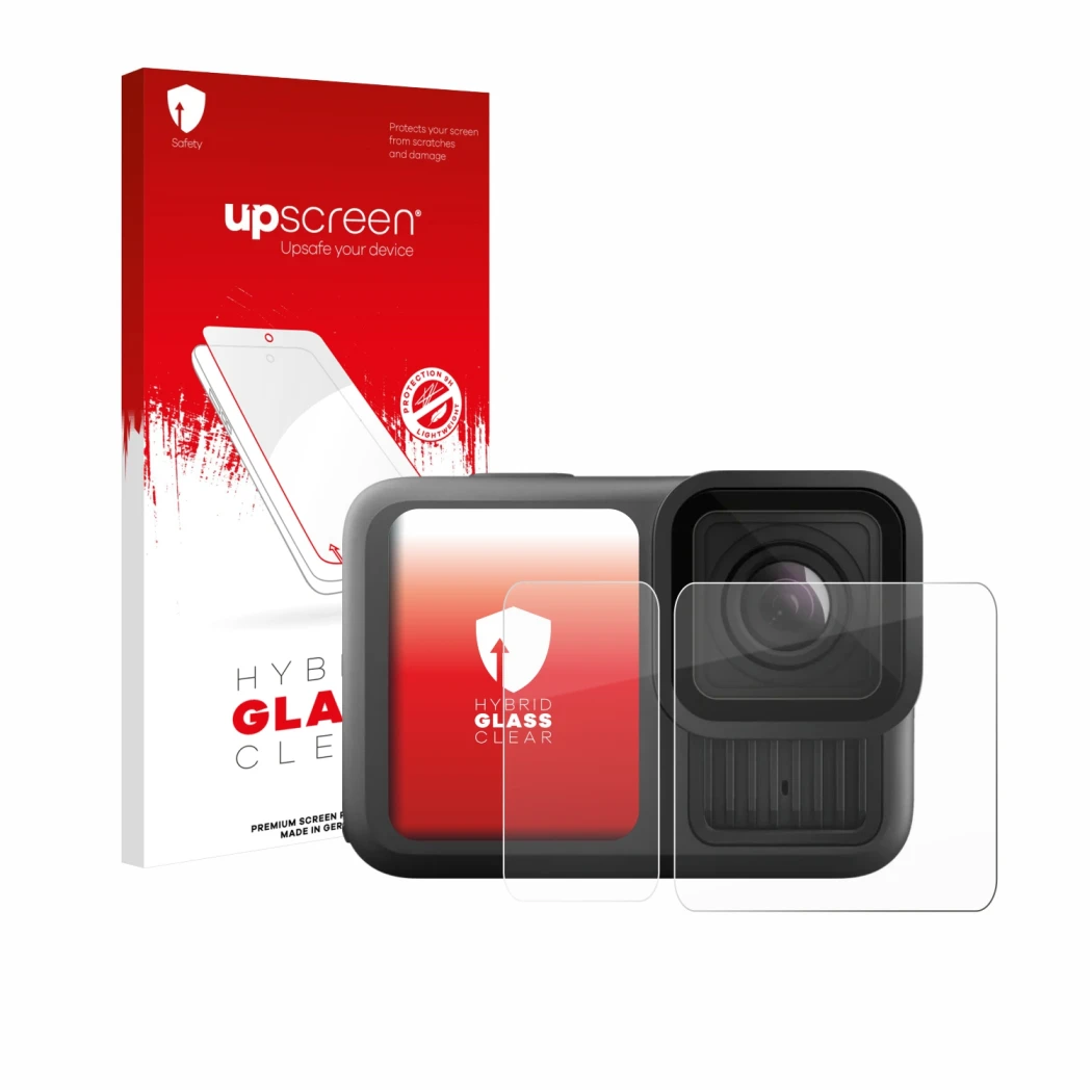 Parte frontale di una confezione del prodotto con il logo del marchio upscreen. Accanto è raffigurato il dispositivo GoPro Her