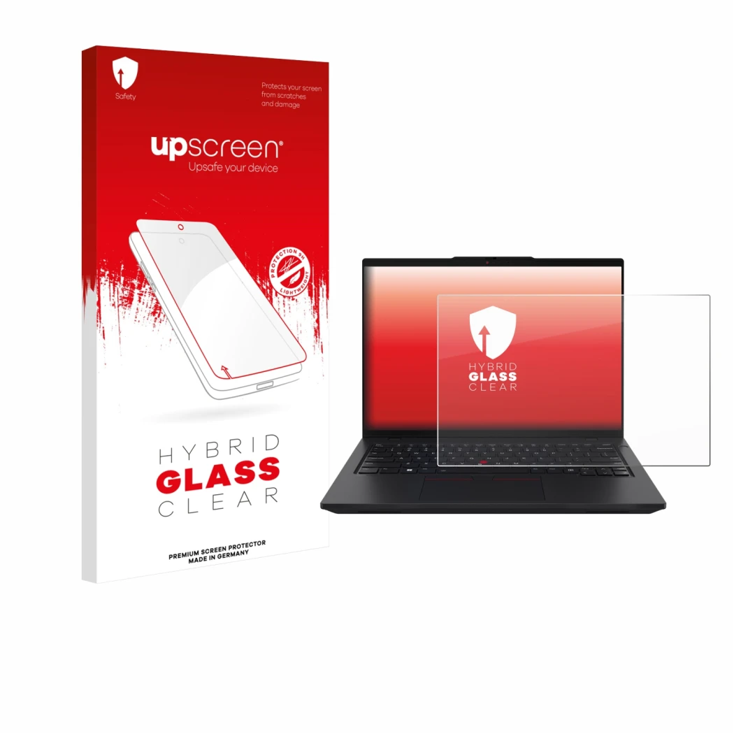 Parte frontale di una confezione del prodotto con il logo del marchio upscreen. Accanto è raffigurato il dispositivo Lenovo Th