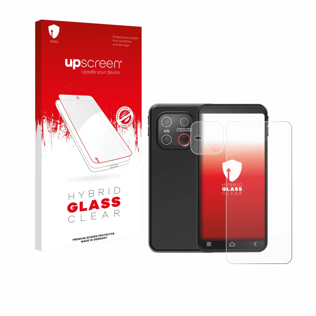 Parte frontale di una confezione del prodotto con il logo del marchio upscreen. Accanto è raffigurato il dispositivo Emporia S