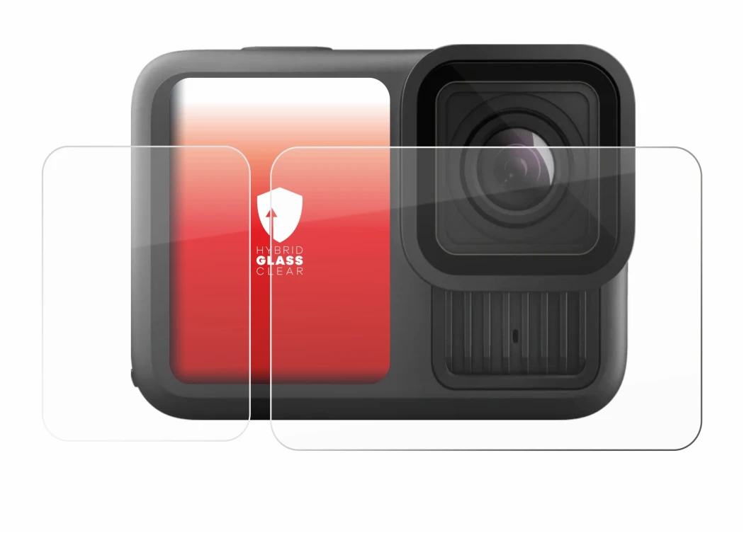 Immagine del dispositivo GoPro Hero 13 Black Creator Edition con un'ampia varietà di protezioni per lo schermo.