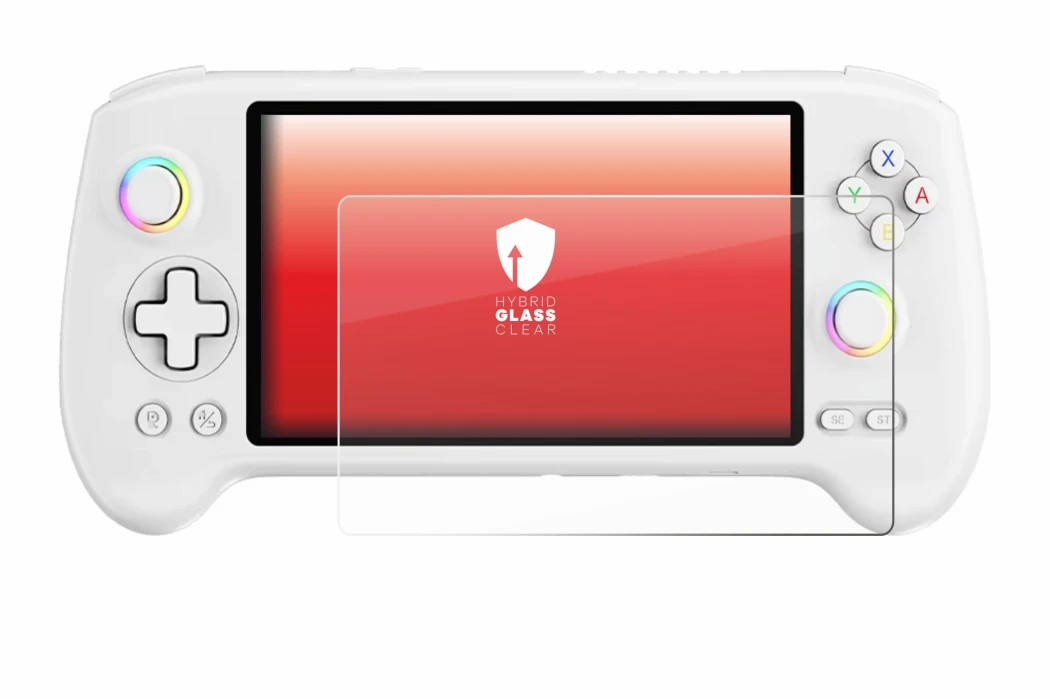 Immagine del dispositivo Anbernic RG557 con un'ampia varietà di protezioni per lo schermo.