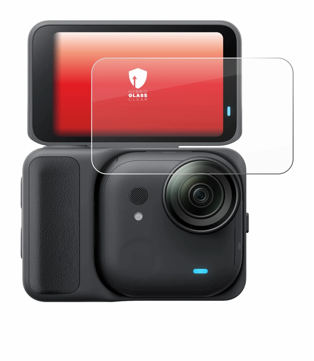 Immagine del dispositivo Insta360 Go Ultra con un'ampia varietà di protezioni per lo schermo.