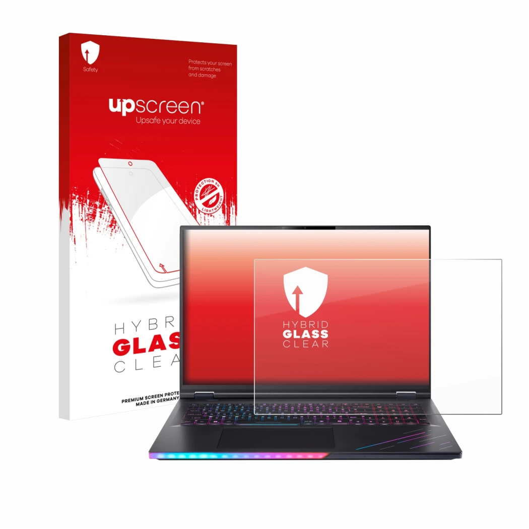 Parte frontale di una confezione del prodotto con il logo del marchio upscreen. Accanto è raffigurato il dispositivo Acer Pred