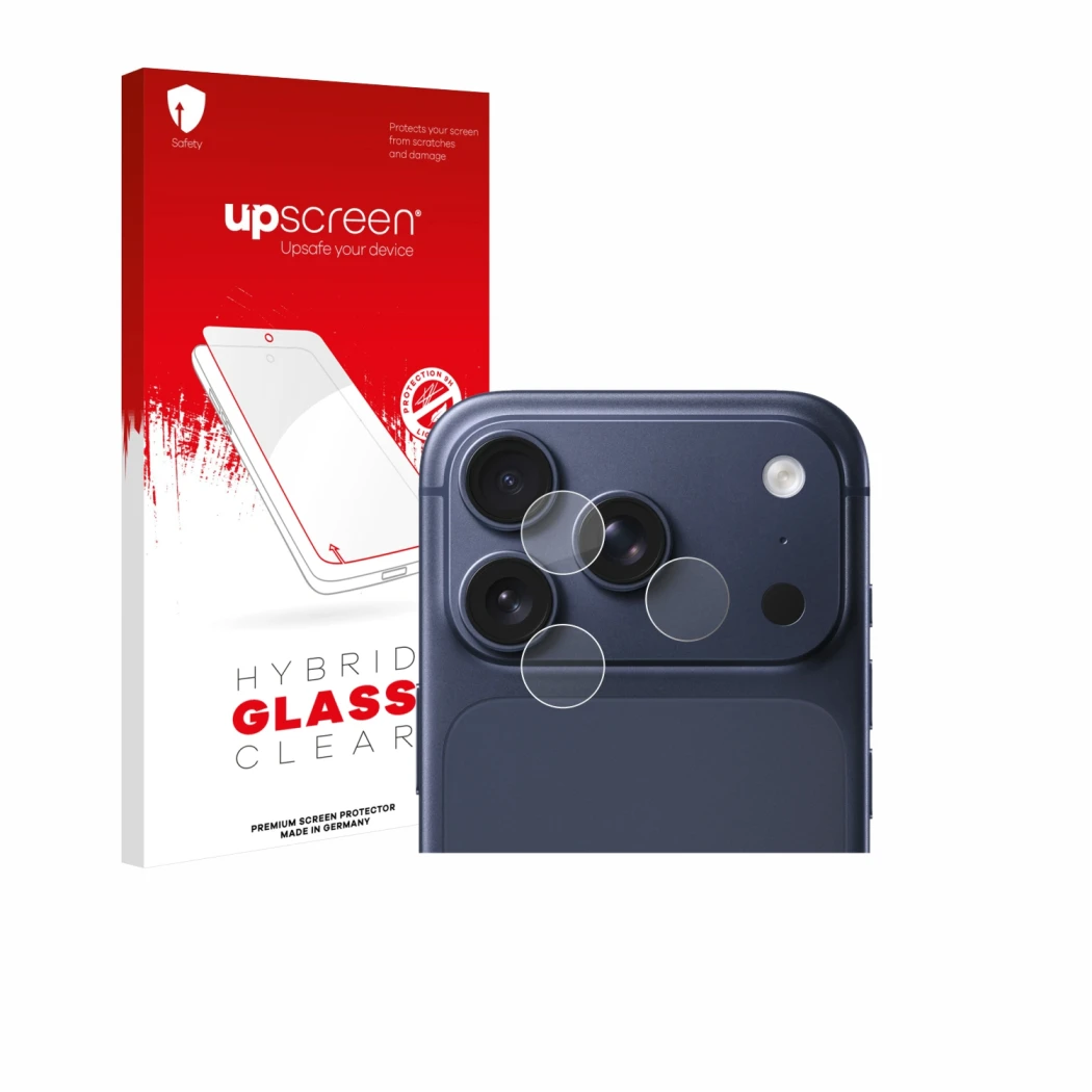 Parte frontale di una confezione del prodotto con il logo del marchio upscreen. Accanto è raffigurato il dispositivo Apple iPh