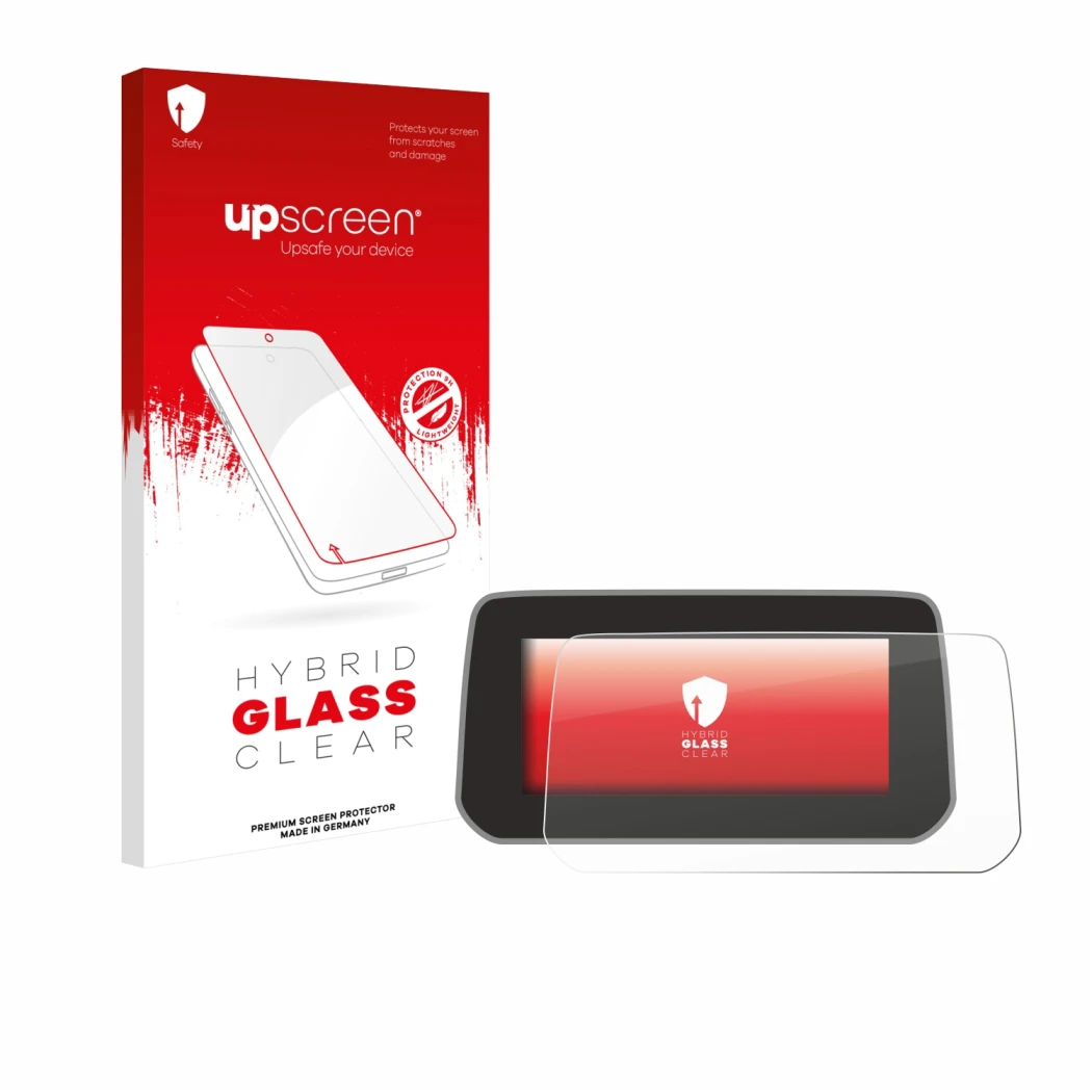 Parte frontale di una confezione del prodotto con il logo del marchio upscreen. Accanto è raffigurato il dispositivo Mazda CX-