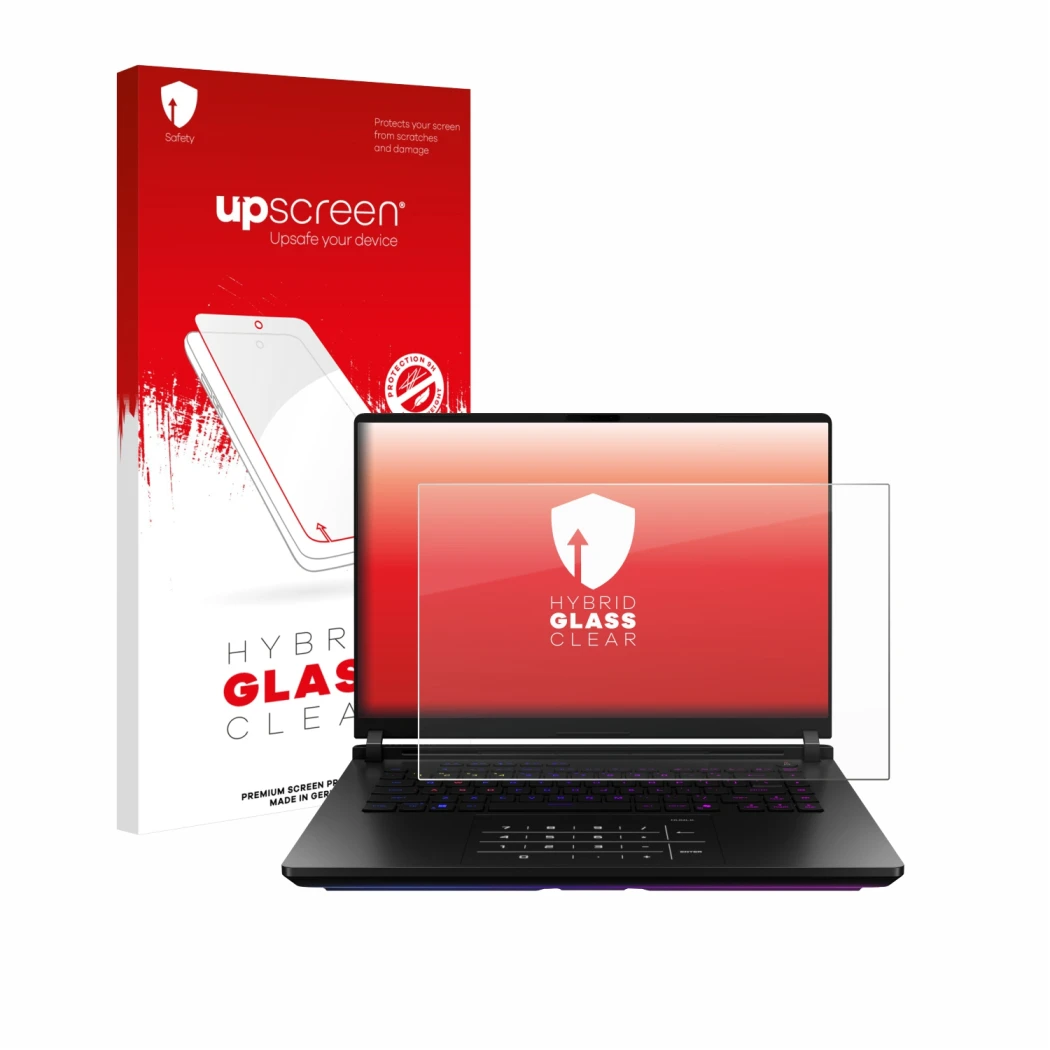 Parte frontale di una confezione del prodotto con il logo del marchio upscreen. Accanto è raffigurato il dispositivo ASUS ROG