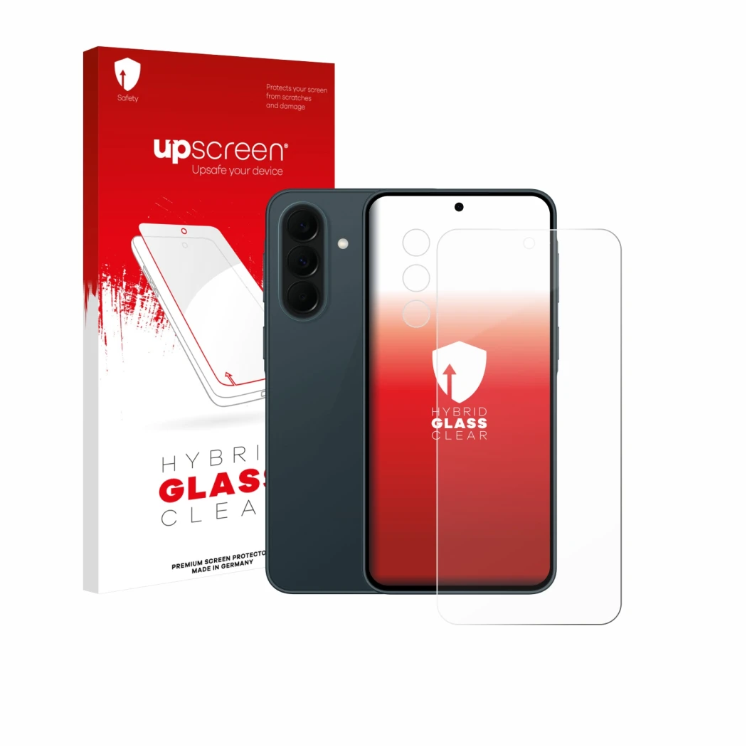 Parte frontale di una confezione del prodotto con il logo del marchio upscreen. Accanto è raffigurato il dispositivo Samsung G