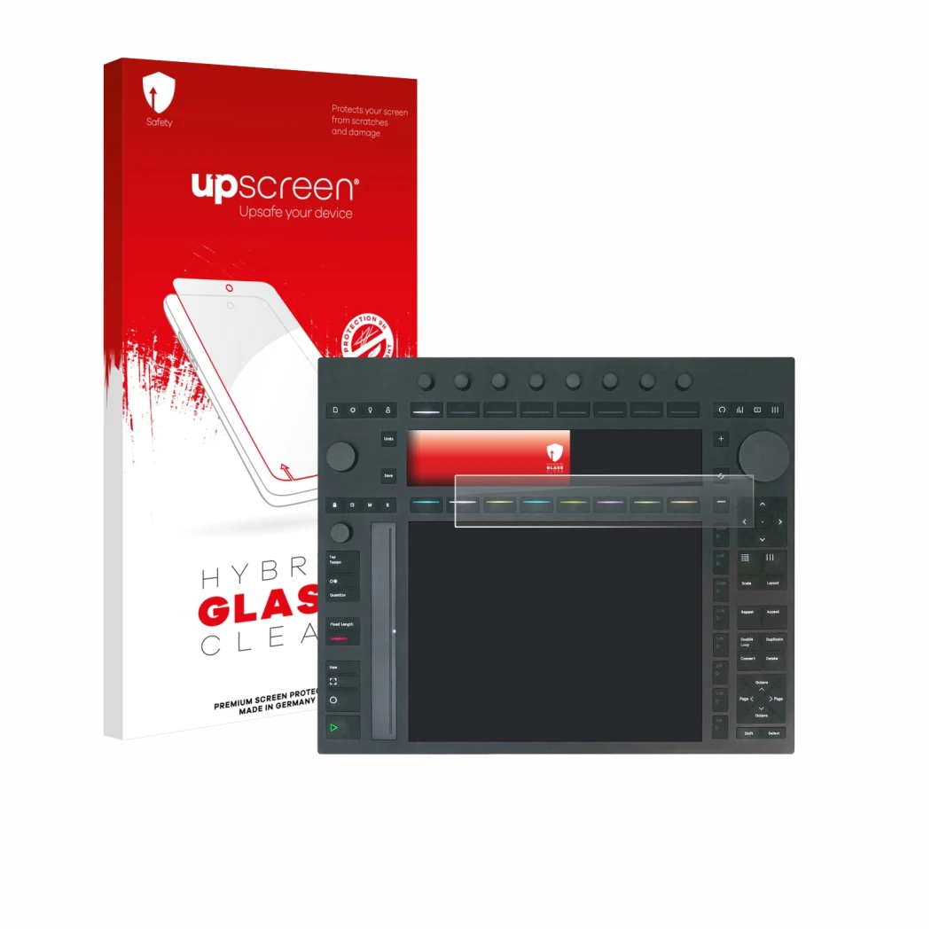 Parte frontale di una confezione del prodotto con il logo del marchio upscreen. Accanto è raffigurato il dispositivo Ableton P