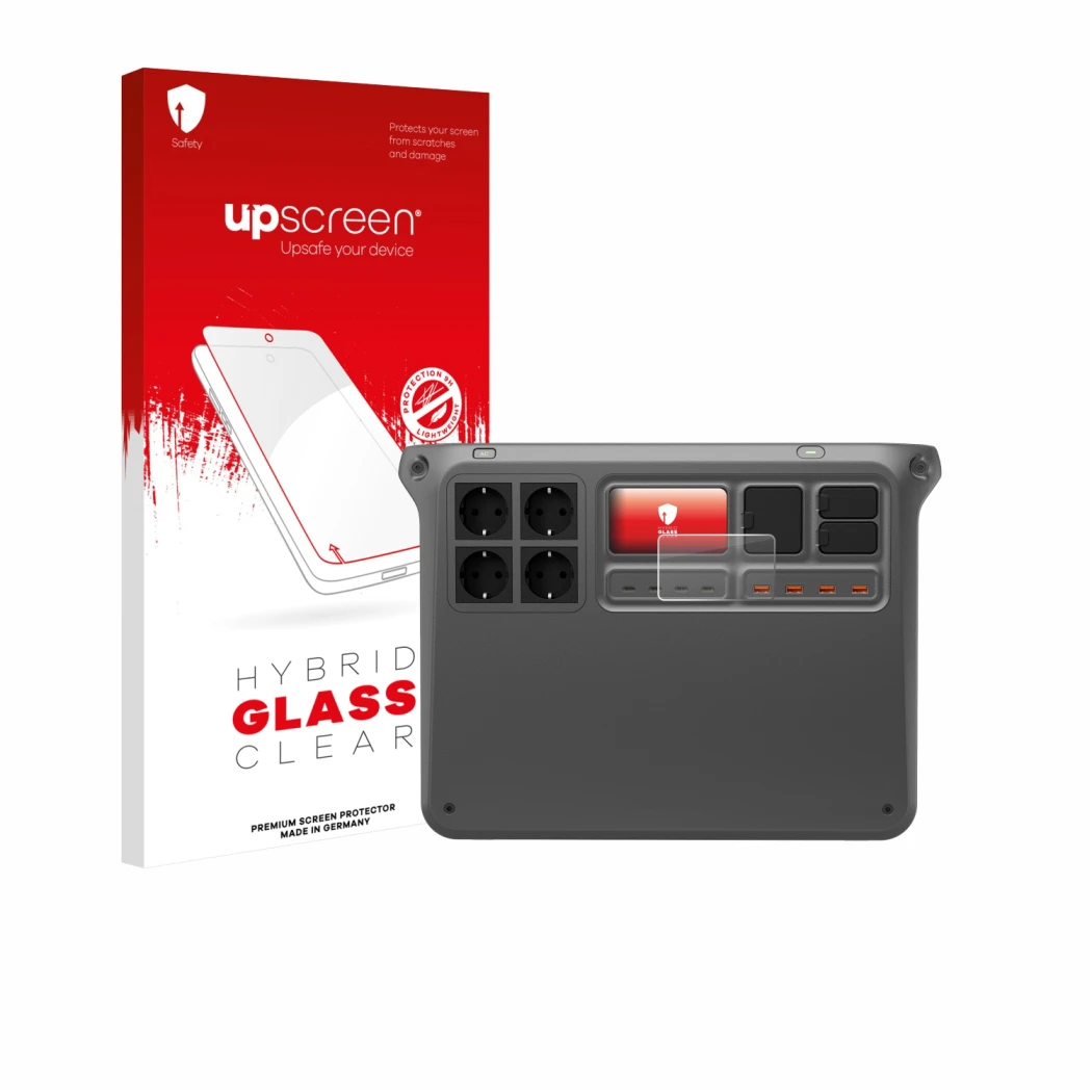 Parte frontale di una confezione del prodotto con il logo del marchio upscreen. Accanto è raffigurato il dispositivo DJI Power