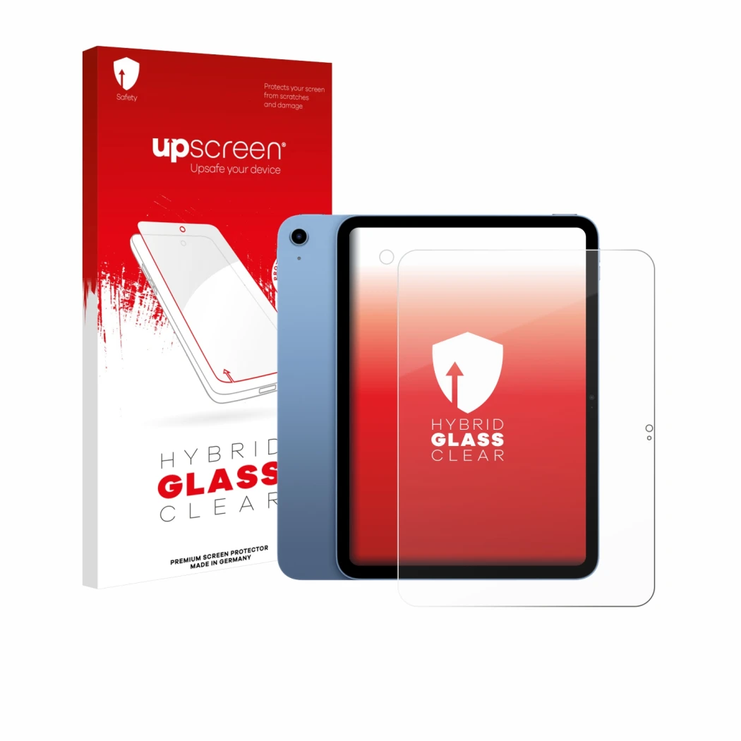 Parte frontale di una confezione del prodotto con il logo del marchio upscreen. Accanto è raffigurato il dispositivo Apple iPa