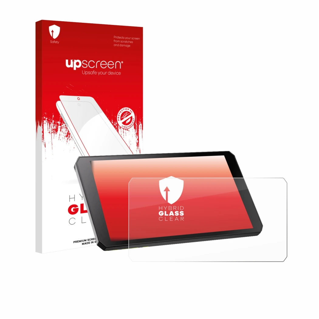 Parte frontale di una confezione del prodotto con il logo del marchio upscreen. Accanto è raffigurato il dispositivo RiderNav 