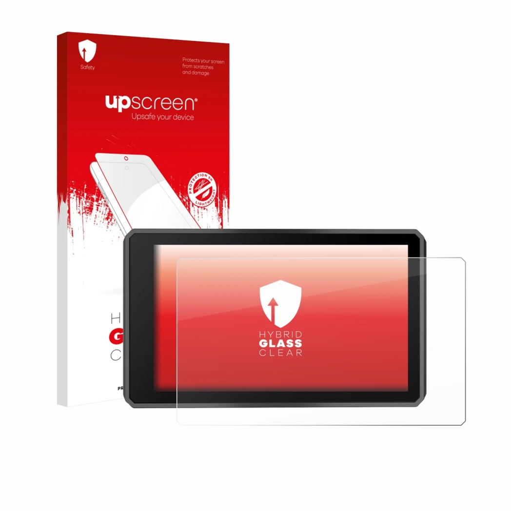 Parte frontale di una confezione del prodotto con il logo del marchio upscreen. Accanto è raffigurato il dispositivo Garmin zu