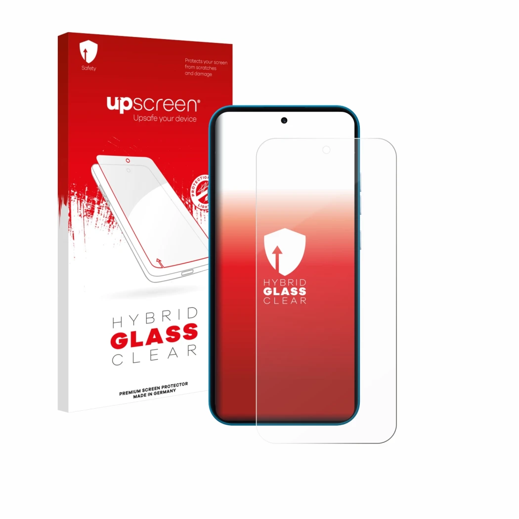 Parte frontale di una confezione del prodotto con il logo del marchio upscreen. Accanto è raffigurato il dispositivo Nothing P