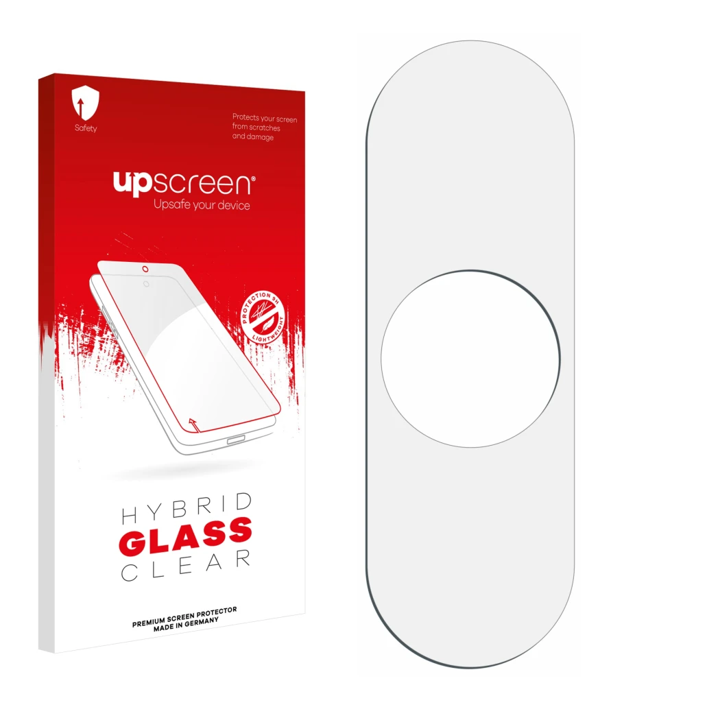 Parte frontale di una confezione del prodotto con il logo del marchio upscreen. Accanto si trova la protezione per lo schermo