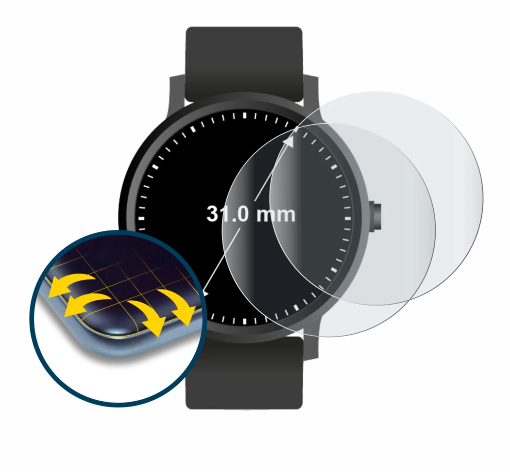 Immagine del dispositivo Orologi (circolare, ø: 31 mm) con un'ampia varietà di protezioni per lo schermo.