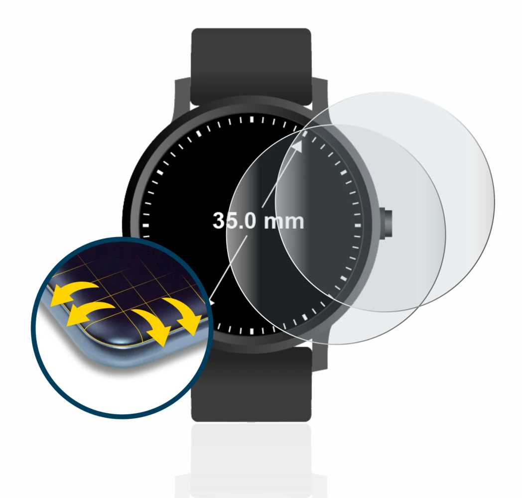Immagine del dispositivo Orologi (Circolare, ø: 35 mm) con un'ampia varietà di protezioni per lo schermo.