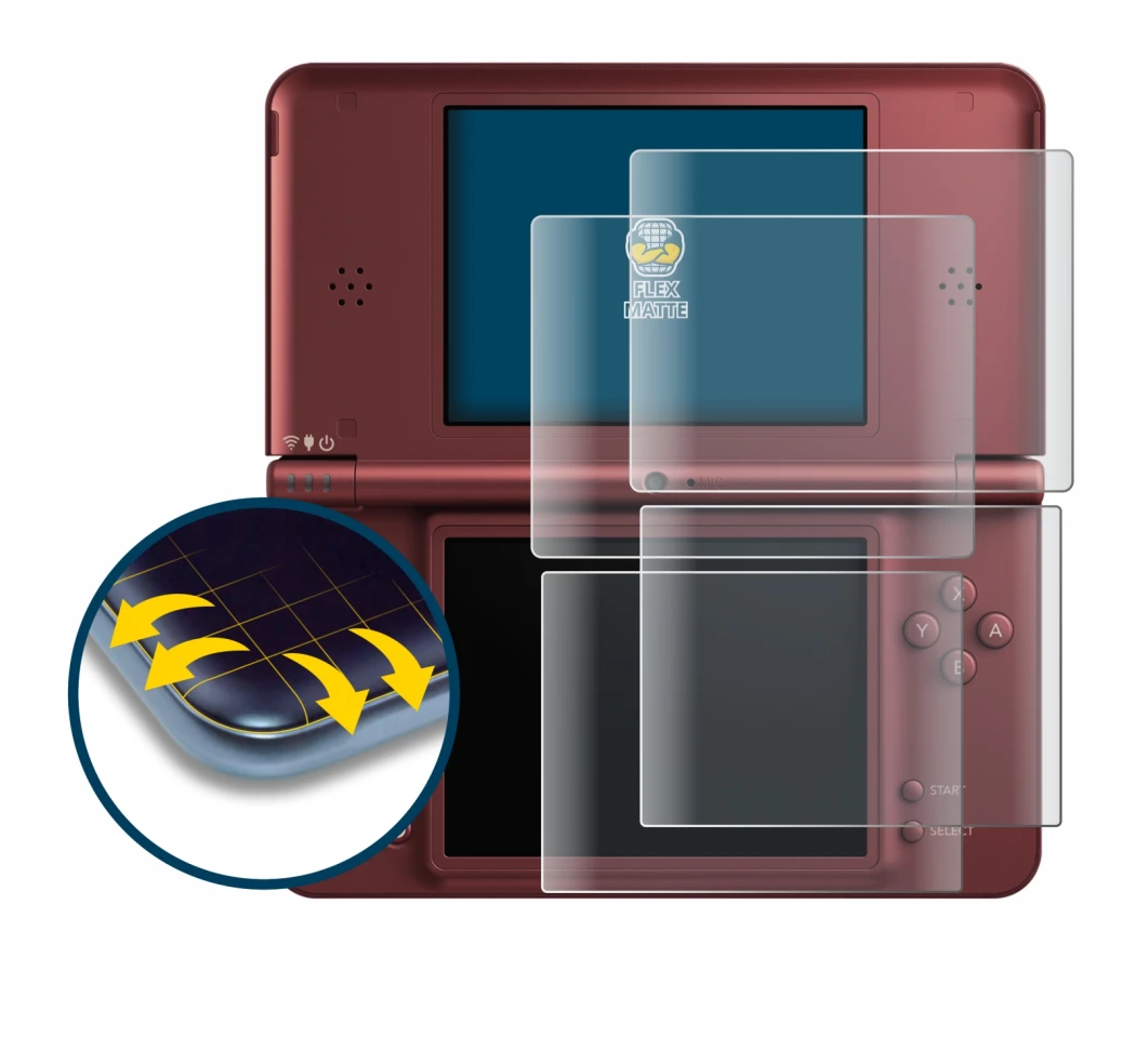 Immagine del dispositivo Nintendo DSi XL con un'ampia varietà di protezioni per lo schermo.