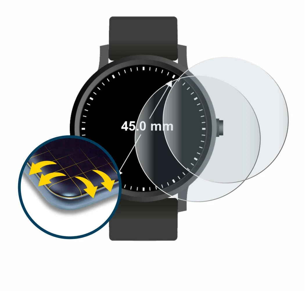 Immagine del dispositivo Orologi (Circolare, ø: 45 mm) con un'ampia varietà di protezioni per lo schermo.