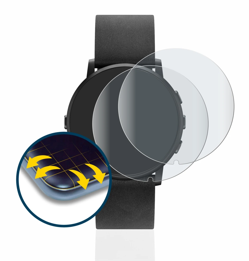 Immagine del dispositivo Pebble Time Round con un'ampia varietà di protezioni per lo schermo.
