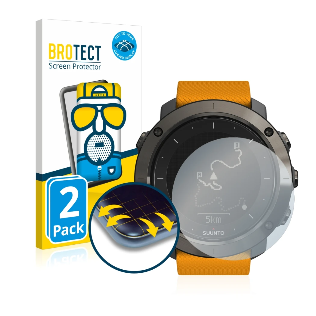 Parte frontale di una confezione del prodotto con il logo del marchio BROTECT. Accanto è raffigurato il dispositivo Suunto Tra