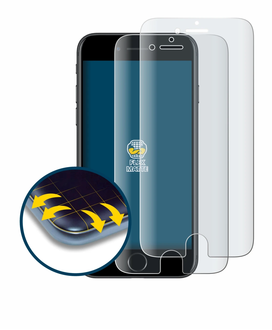 Immagine del dispositivo Apple iPhone 7 con un'ampia varietà di protezioni per lo schermo.