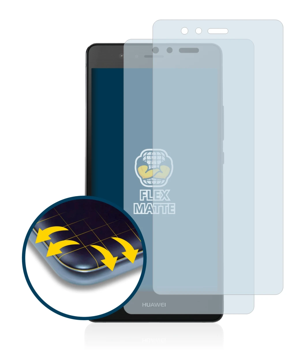 Immagine del dispositivo Huawei P9 con un'ampia varietà di protezioni per lo schermo.