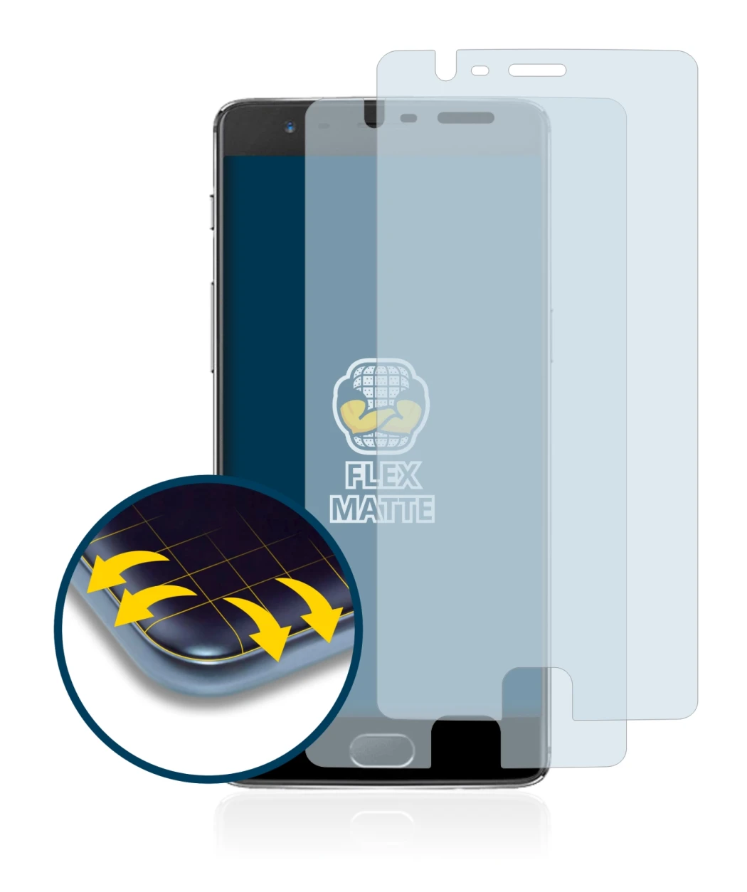 Immagine del dispositivo OnePlus 3 con un'ampia varietà di protezioni per lo schermo.