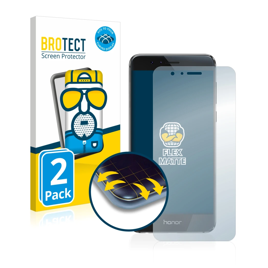 Parte frontale di una confezione del prodotto con il logo del marchio BROTECT. Accanto è raffigurato il dispositivo Honor 8 co