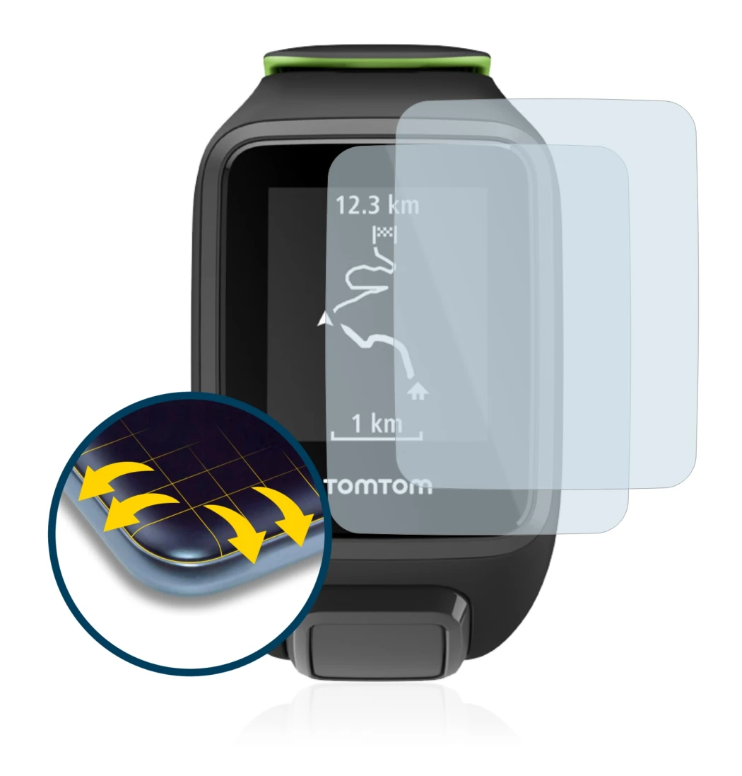 Immagine del dispositivo TomTom Runner 3 con un'ampia varietà di protezioni per lo schermo.