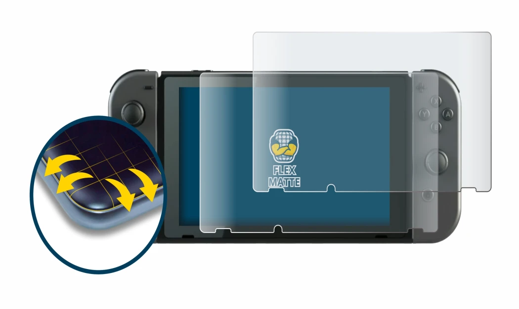 Immagine del dispositivo Nintendo Switch con un'ampia varietà di protezioni per lo schermo.