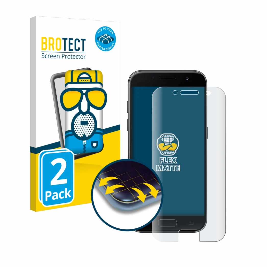 Parte frontale di una confezione del prodotto con il logo del marchio BROTECT. Accanto è raffigurato il dispositivo Samsung Ga