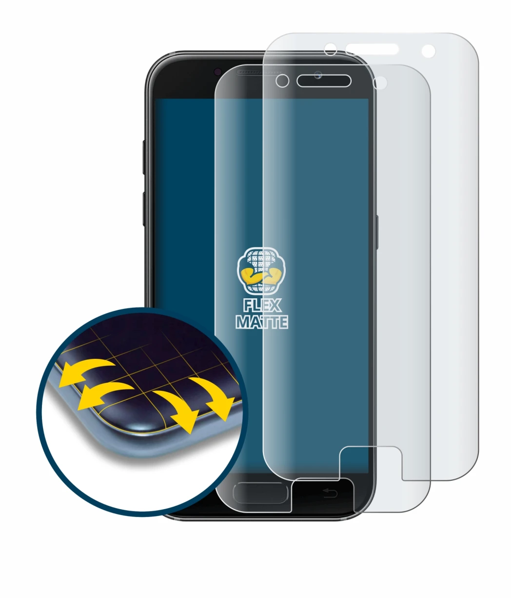 Immagine del dispositivo Samsung Galaxy A3 2017 con un'ampia varietà di protezioni per lo schermo.
