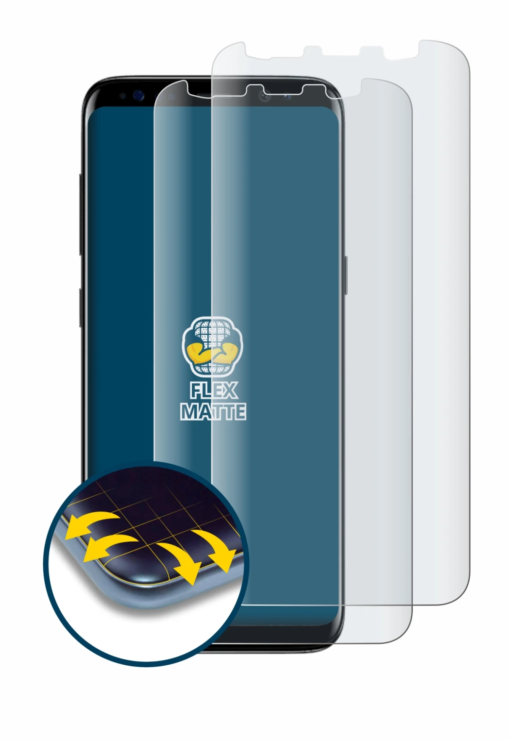 Immagine del dispositivo Samsung Galaxy S8 con un'ampia varietà di protezioni per lo schermo.