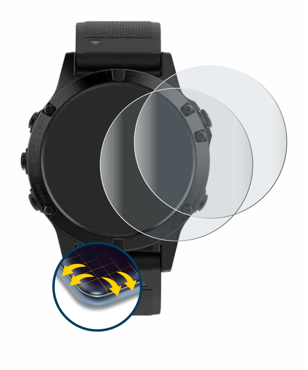 Immagine del dispositivo Garmin Fenix 5 (47 mm) con un'ampia varietà di protezioni per lo schermo.