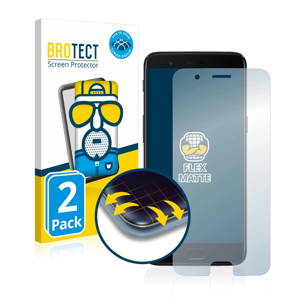 Parte frontale di una confezione del prodotto con il logo del marchio BROTECT. Accanto è raffigurato il dispositivo OnePlus 5