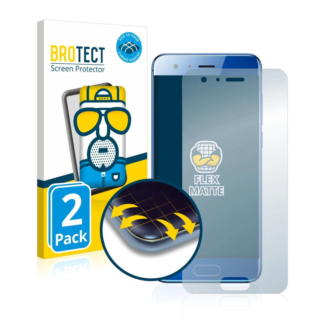 Parte frontale di una confezione del prodotto con il logo del marchio BROTECT. Accanto è raffigurato il dispositivo Honor 9 co