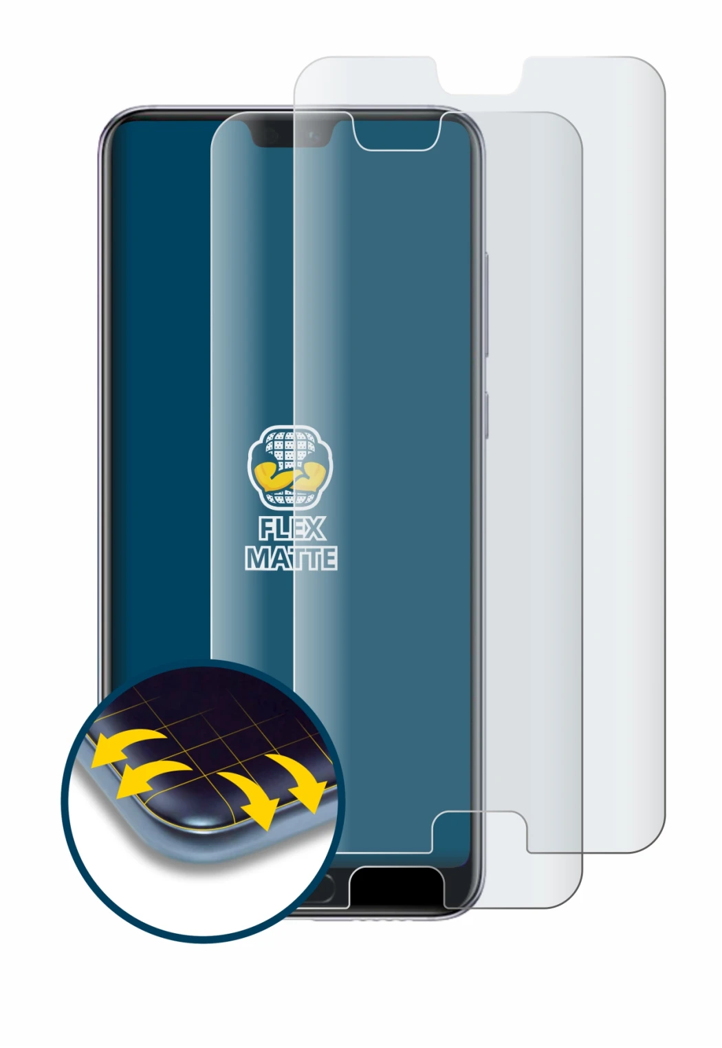 Immagine del dispositivo Huawei P20 Pro con un'ampia varietà di protezioni per lo schermo.