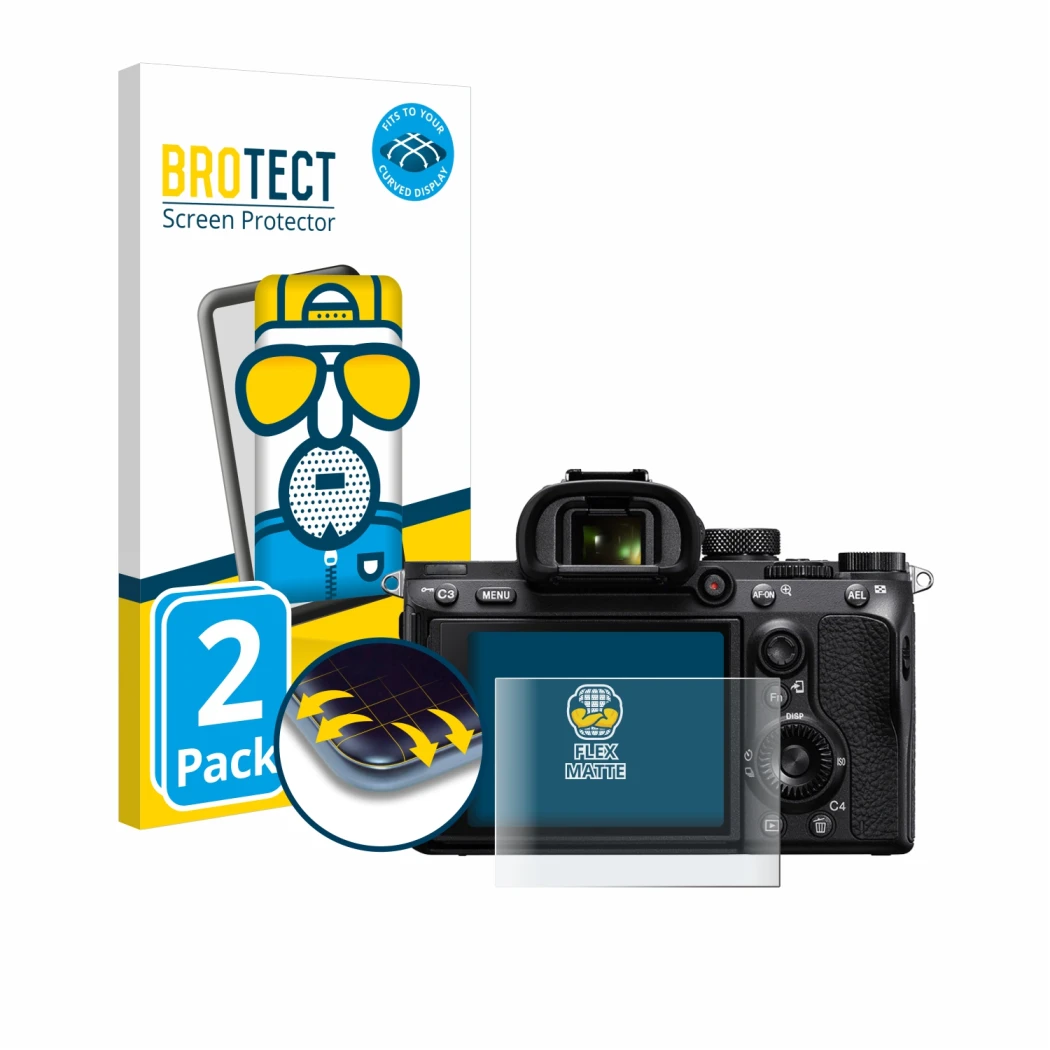 Parte frontale di una confezione del prodotto con il logo del marchio BROTECT. Accanto è raffigurato il dispositivo Sony Alpha