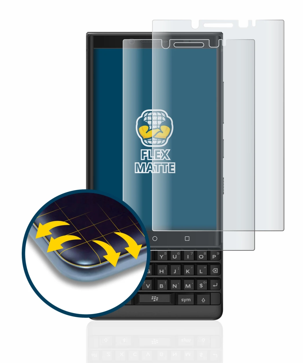 Immagine del dispositivo BlackBerry Key2 con un'ampia varietà di protezioni per lo schermo.