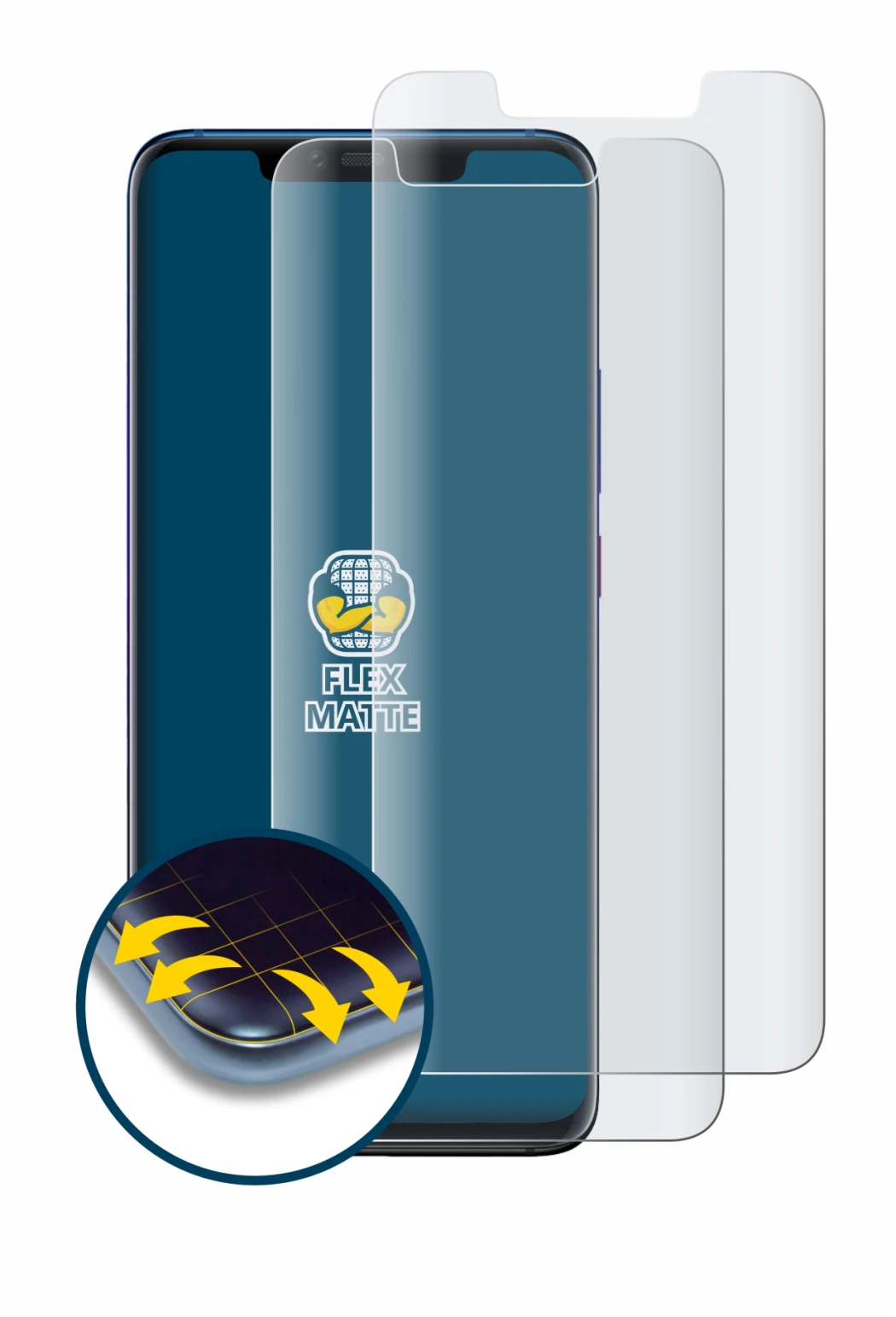 Immagine del dispositivo Huawei Mate 20 Pro con un'ampia varietà di protezioni per lo schermo.