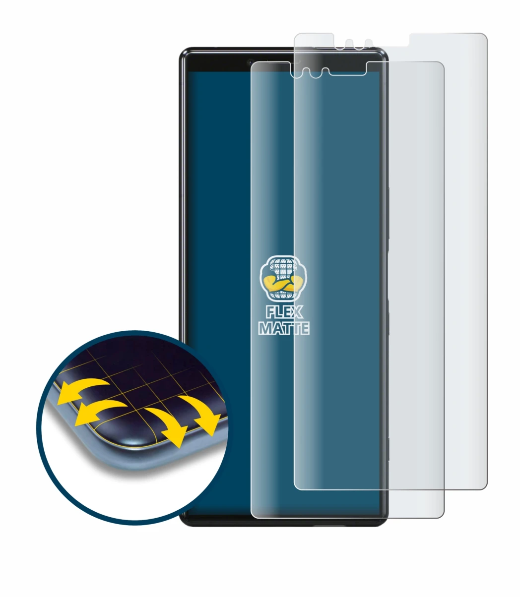 Immagine del dispositivo Sony Xperia 1 con un'ampia varietà di protezioni per lo schermo.