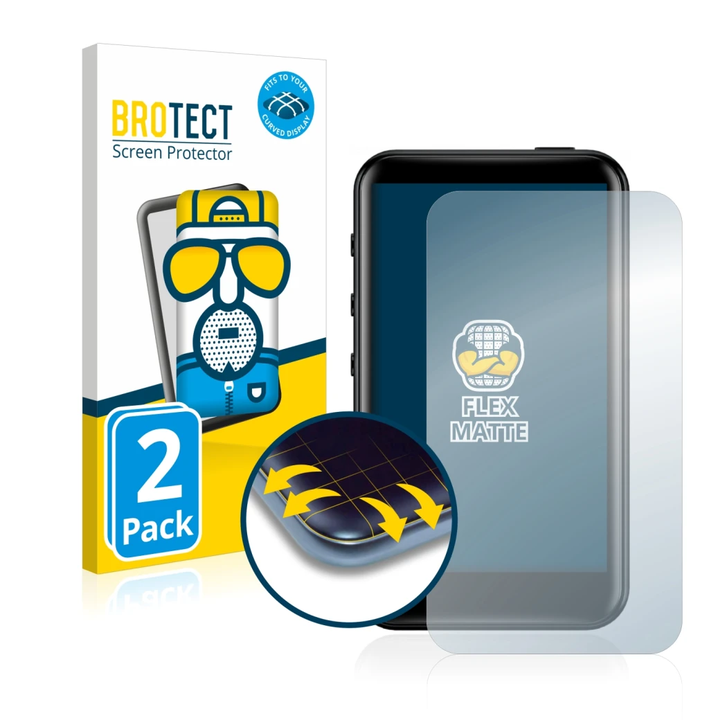 Parte frontale di una confezione del prodotto con il logo del marchio BROTECT. Accanto è raffigurato il dispositivo FiiO M6 co