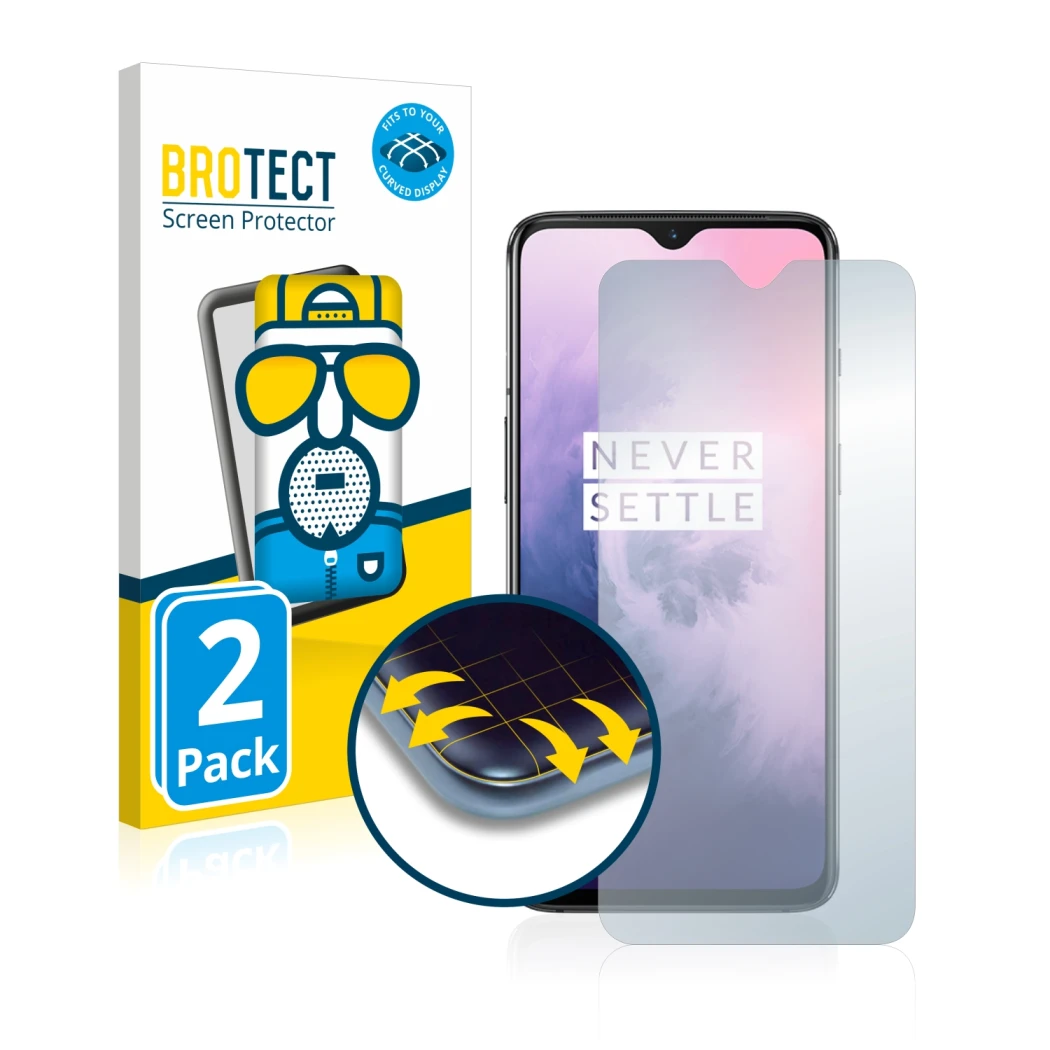 Parte frontale di una confezione del prodotto con il logo del marchio BROTECT. Accanto è raffigurato il dispositivo OnePlus 7