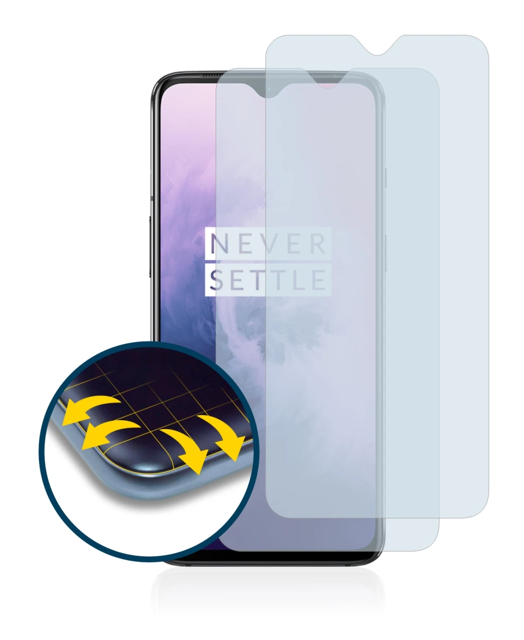 Immagine del dispositivo OnePlus 7 con un'ampia varietà di protezioni per lo schermo.