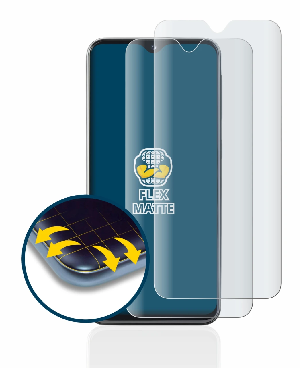 Immagine del dispositivo Samsung Galaxy A20e con un'ampia varietà di protezioni per lo schermo.