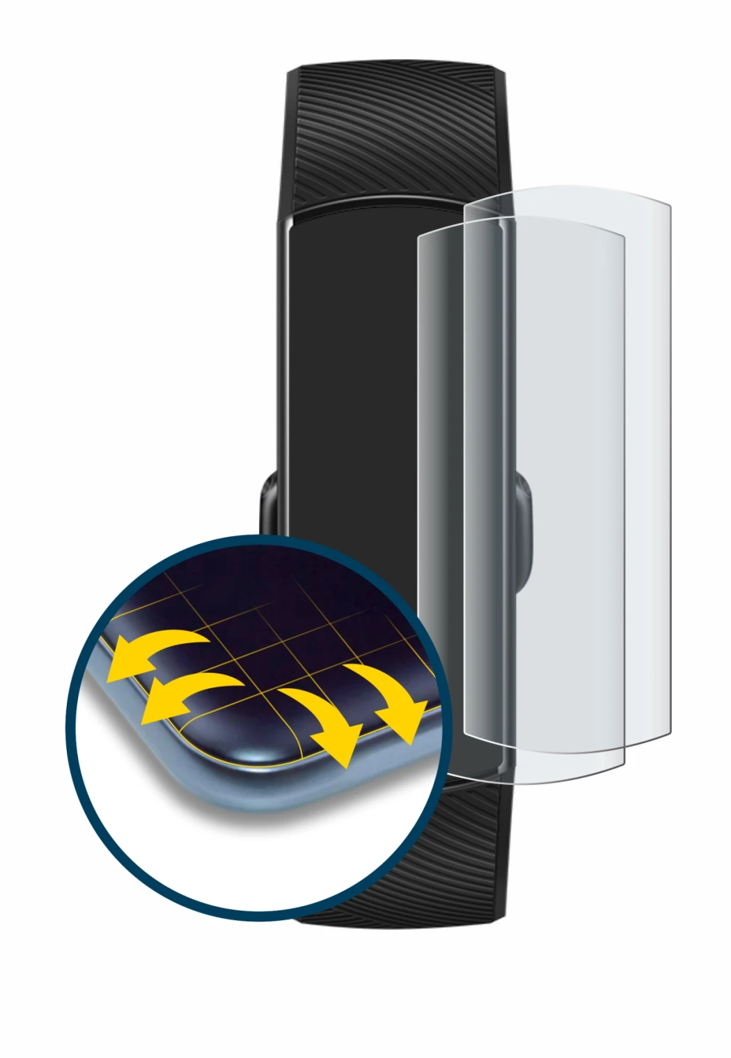 Immagine del dispositivo Honor Band 5 con un'ampia varietà di protezioni per lo schermo.