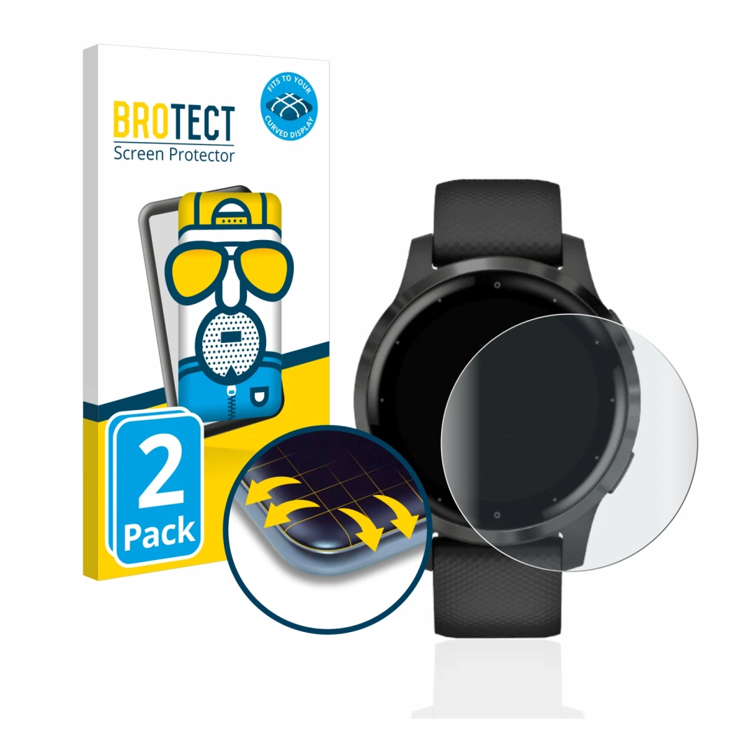 Parte frontale di una confezione del prodotto con il logo del marchio BROTECT. Accanto è raffigurato il dispositivo Garmin viv