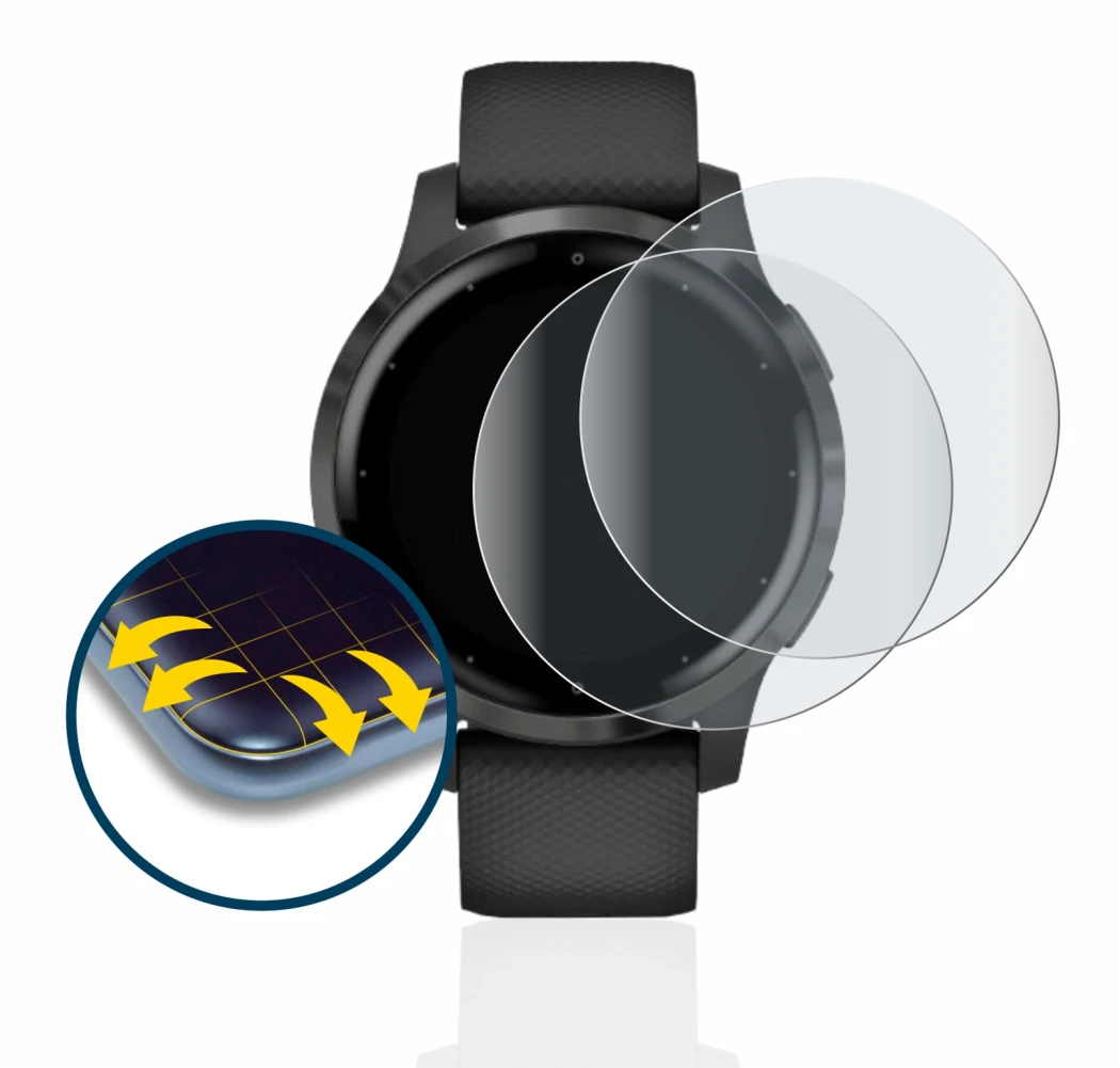 Immagine del dispositivo Garmin vivoactive 4 (45 mm) con un'ampia varietà di protezioni per lo schermo.