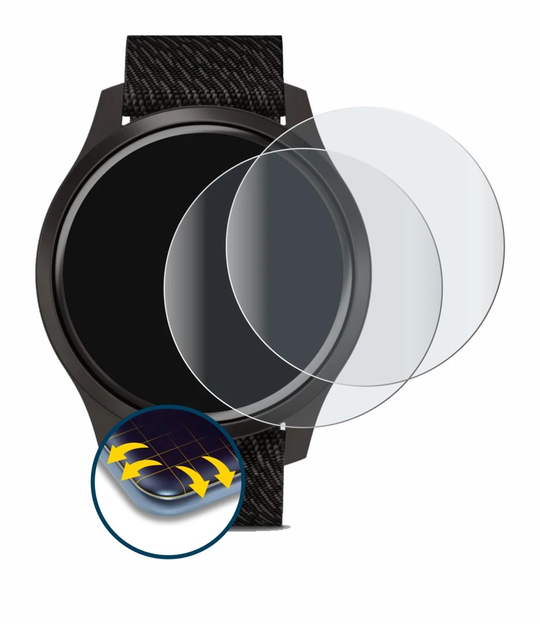 Immagine del dispositivo Garmin vivomove Style (42 mm) con un'ampia varietà di protezioni per lo schermo.